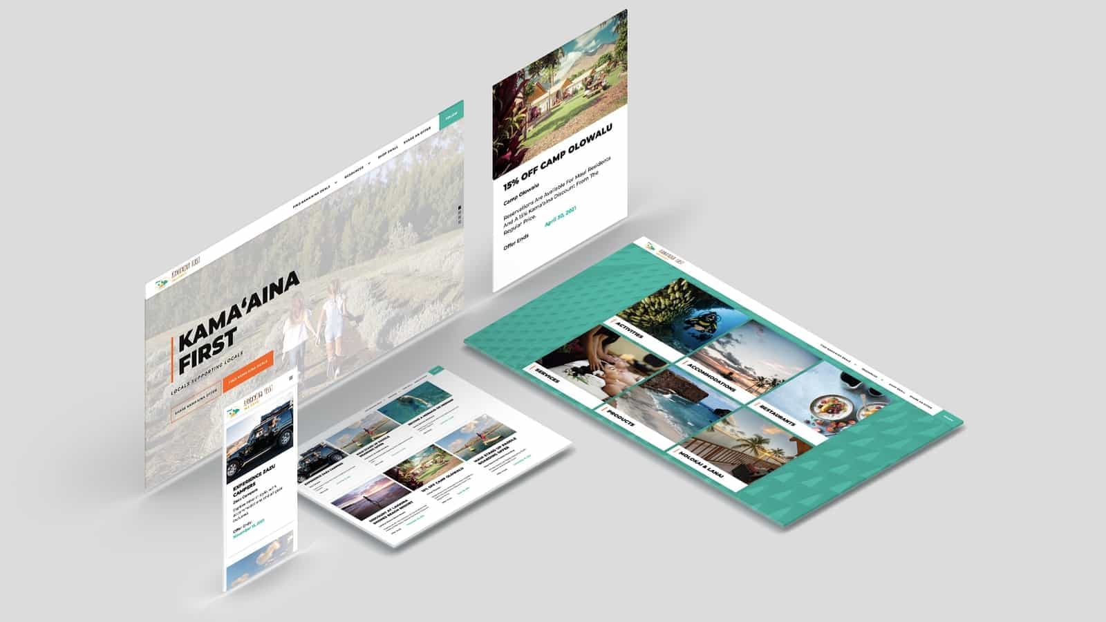 Kama'aina First on desktop, tablet and phone, showing the homepage, an offer for Camp Olowalu and deal categories