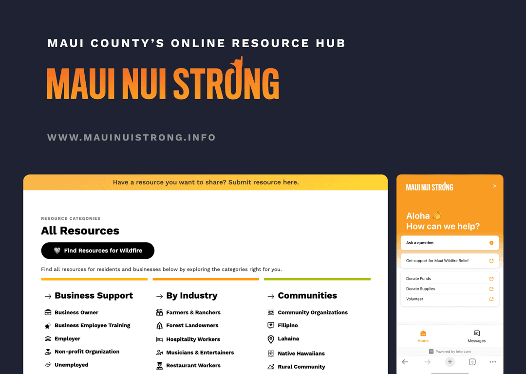 The Maui Nui Strong resource hub on desktop and mobile, with resource categories and an Aloha, how can we help? chat panel