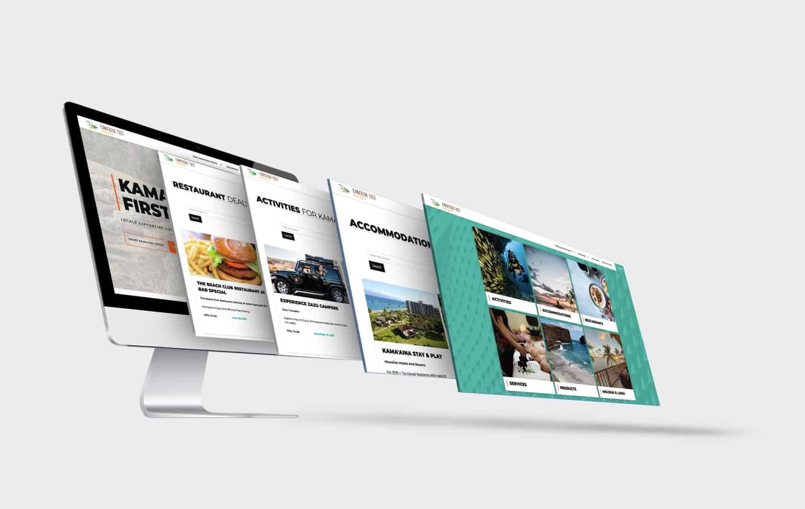 Pages of the Kama'aina First site fanned out from a desktop screen: restaurant deals, activities, accommodations and categories