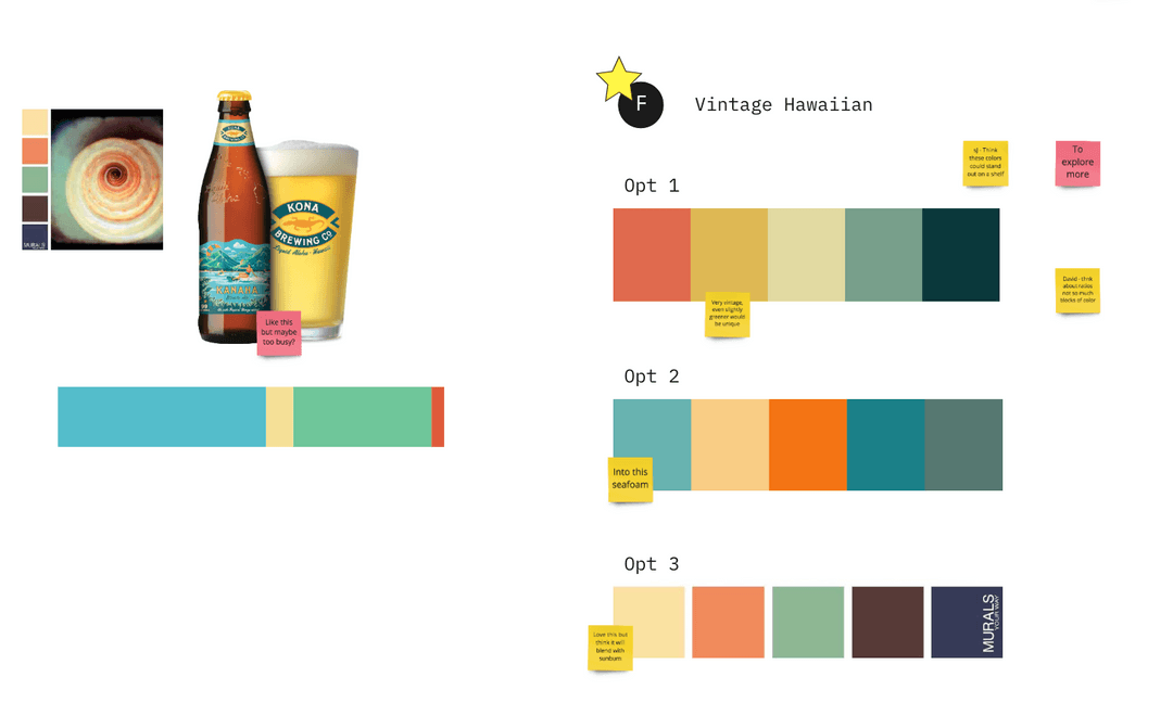 Vintage Hawaiian color palette options with sticky note feedback from the team