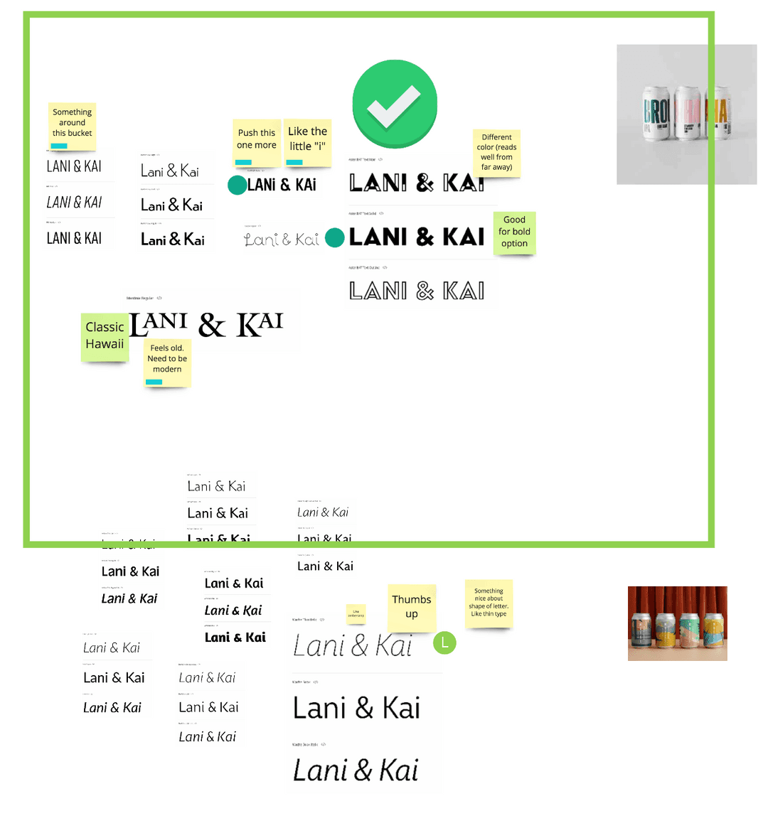 Wordmark explorations for Lani & Kai, with sticky notes marking favorites