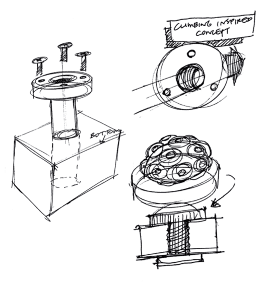 Pen sketches of a climbing-hold inspired coral plug and its mounting hardware
