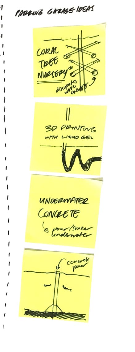 Sticky notes with early ideas: a coral tree nursery, 3D printing with liquid gel and underwater concrete