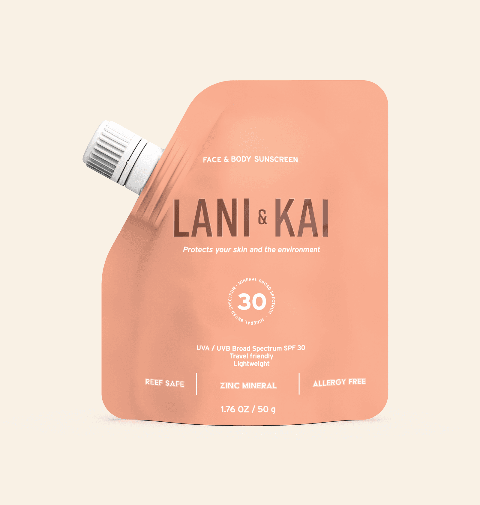 Front of the final peach Lani & Kai SPF 30 pouch: protects your skin and the environment