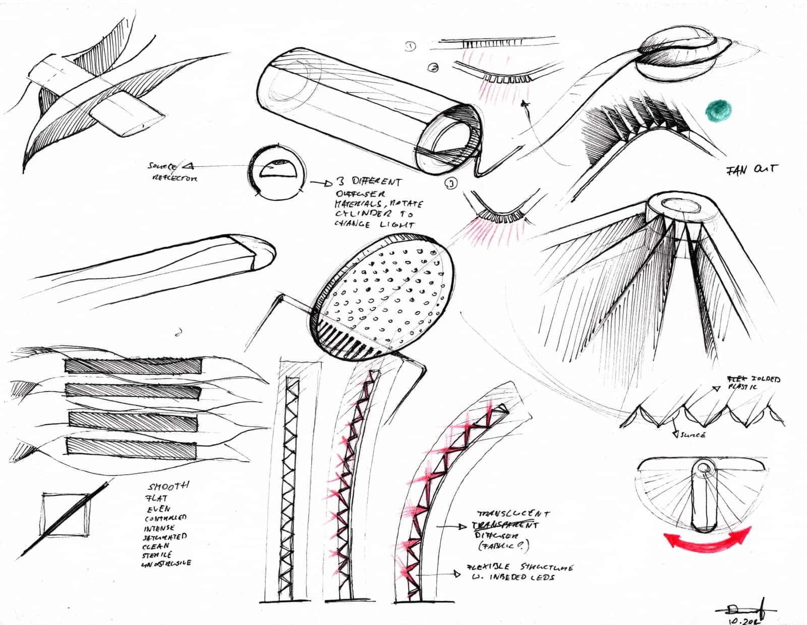 Pen sketches from Lori's product design studies, exploring a lamp and its diffusers