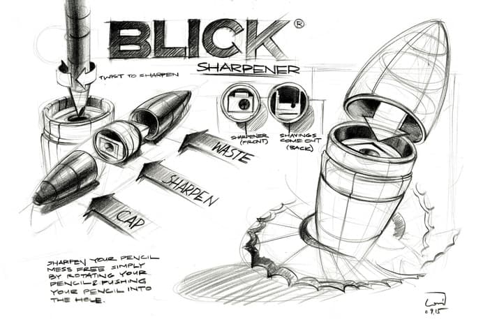 Pencil rendering of a Blick pencil sharpener concept showing its cap, sharpener and waste chamber