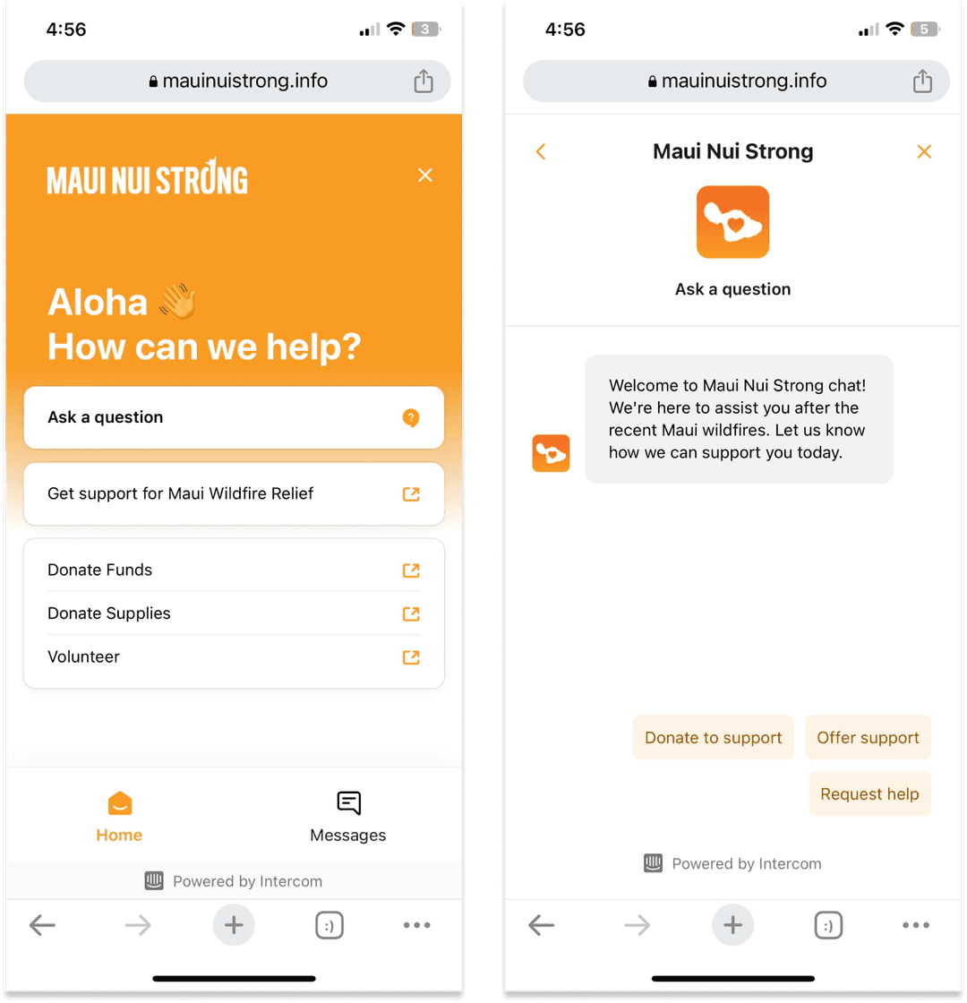 Two phone screens of the Maui Nui Strong chat assistant, offering ways to donate, offer support or request help