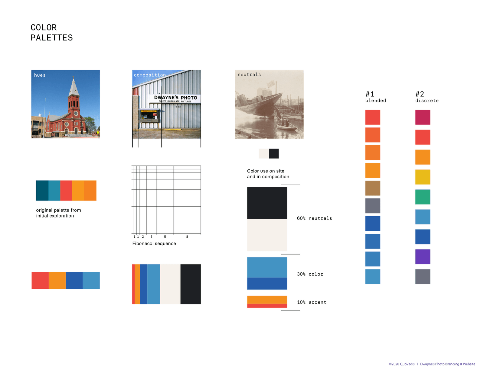 Color palette studies for Dwayne's Photo, from hues and neutrals to a 60, 30, 10 color balance