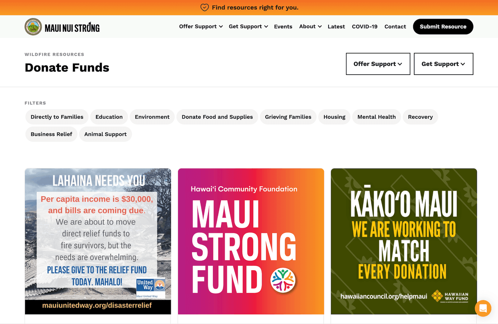 The Donate Funds page of Maui Nui Strong, with filters and relief fund campaigns from local organizations