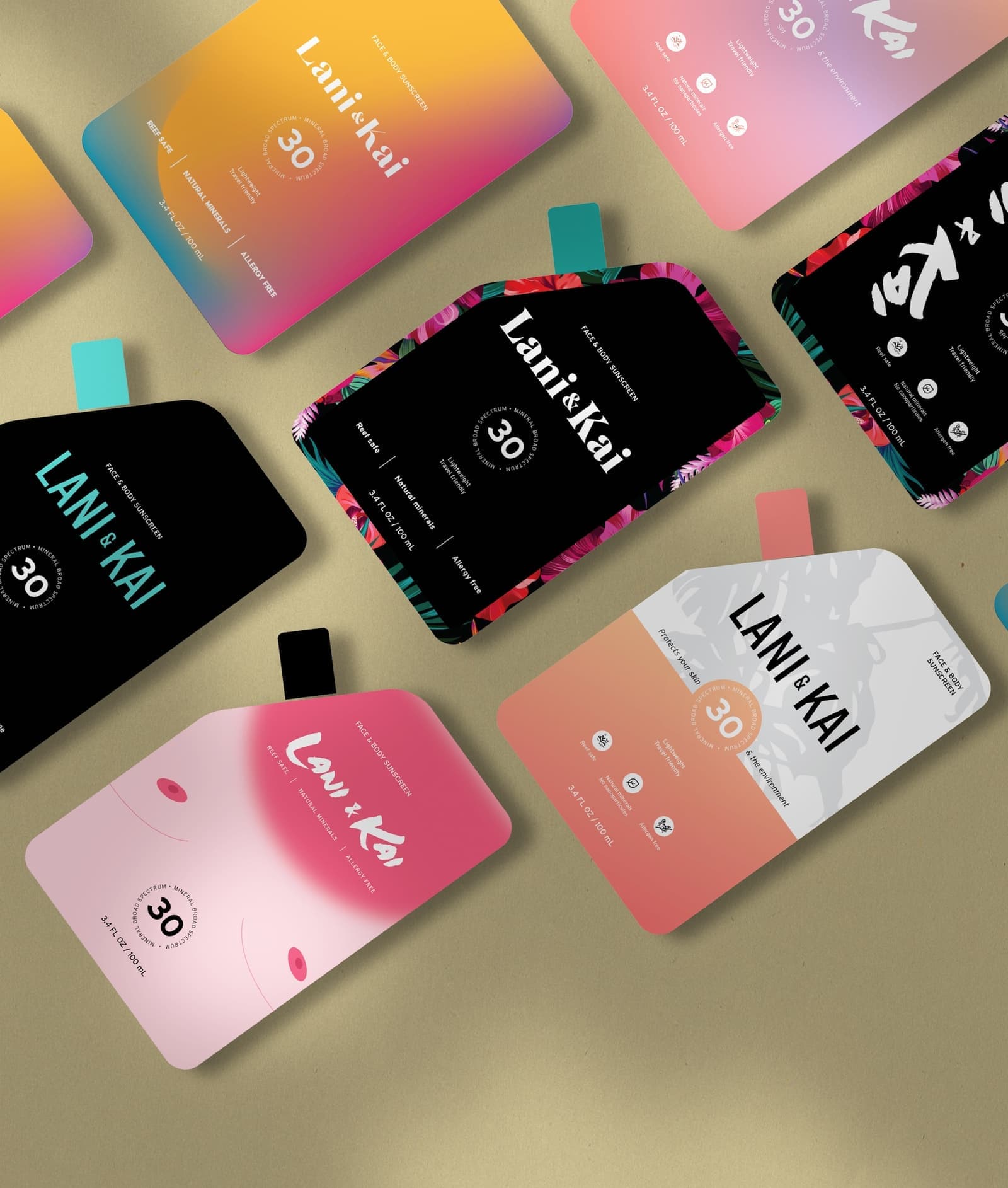 A range of Lani & Kai pouch designs explored in gradients, florals and black