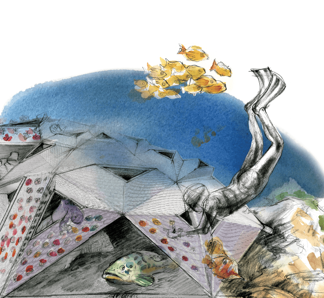 Watercolor and pencil illustration of a diver exploring a faceted reef structure dotted with coral plugs