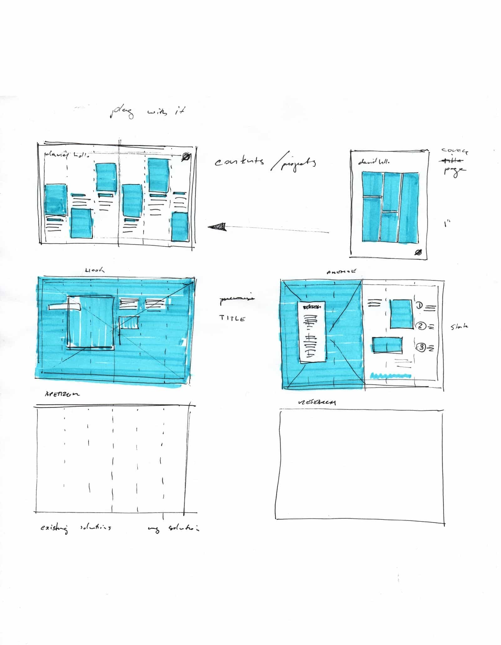 Hand-drawn wireframe exploring a page layout and its content blocks